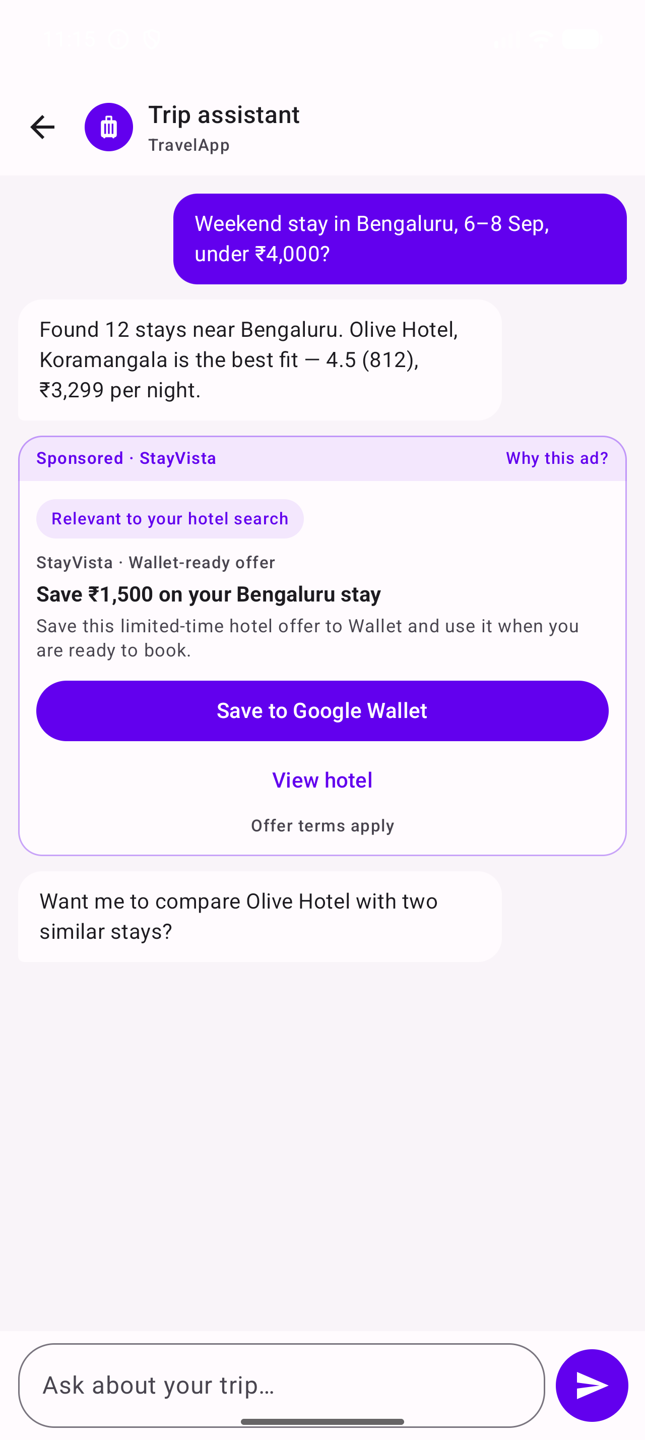 Conversational sponsored suggestion rendered by ApexAd SDK
