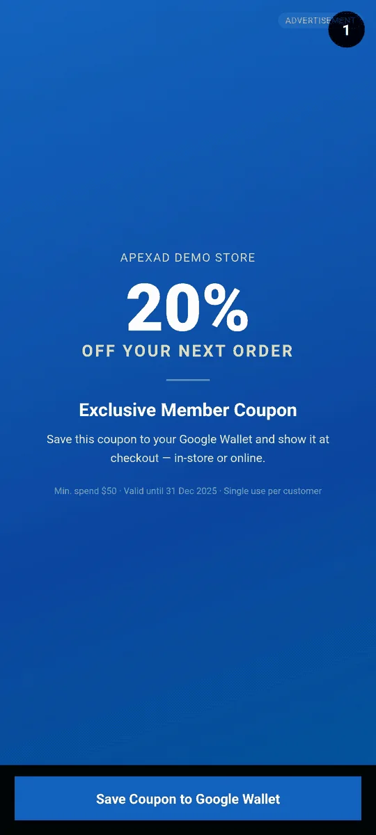 Apex Native ad with a Save to Google Wallet action